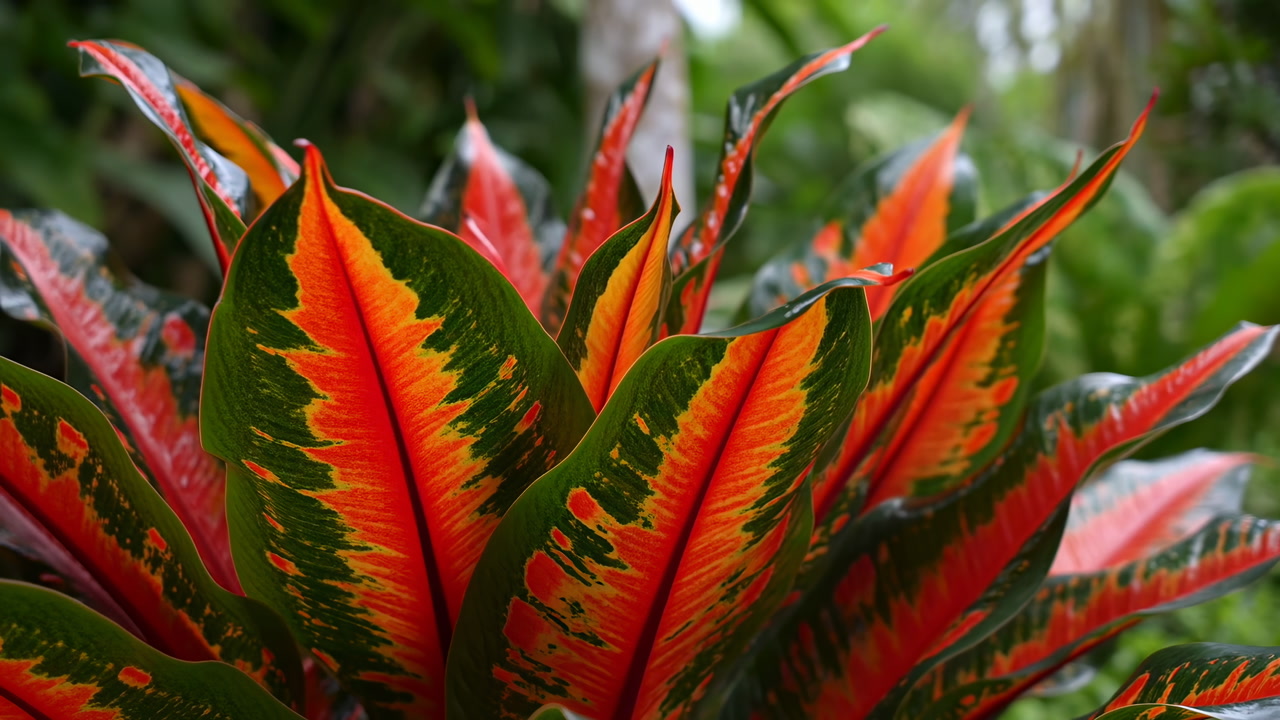 Vibrant Red And Green Leaves Closeup Showcasing Croton Variegation And Dewkissed Texture, Rainforest