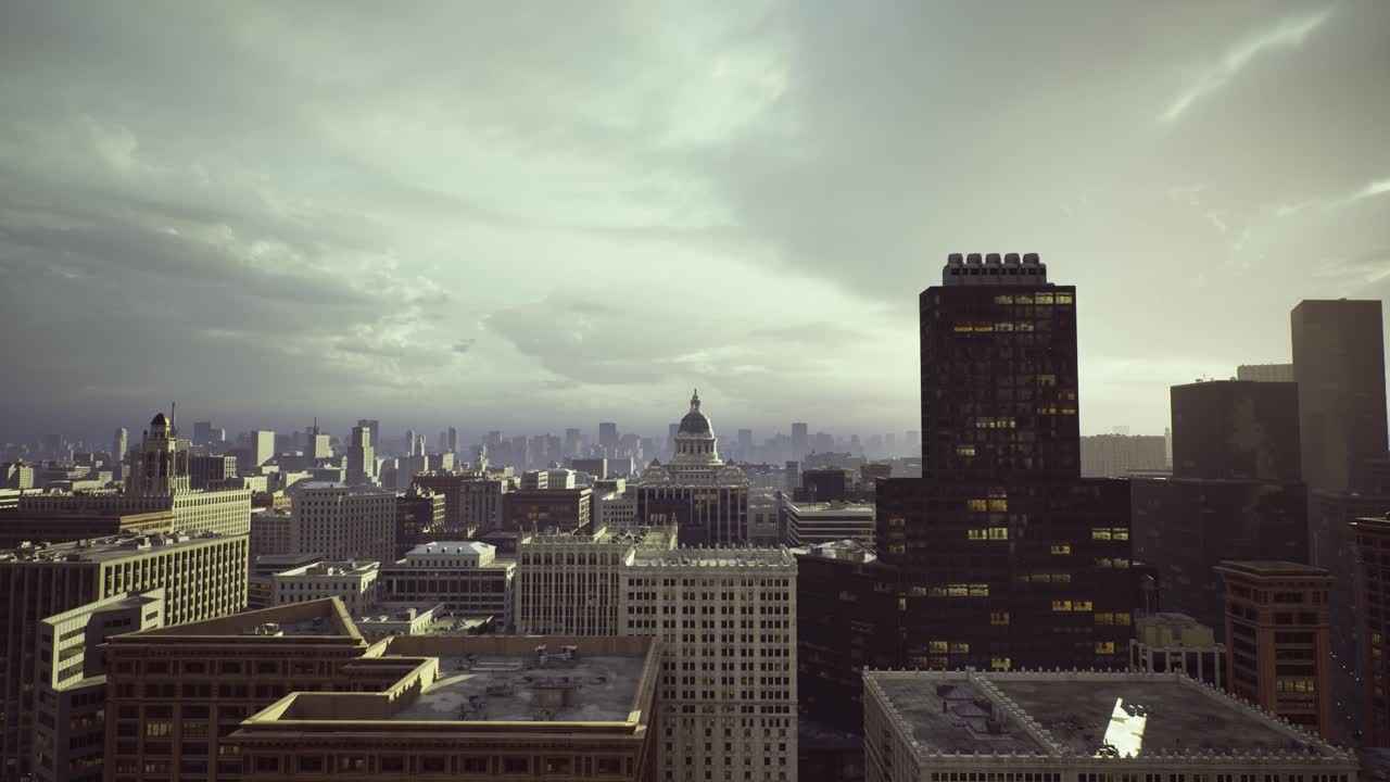 La luz del amanecer revela un horizonte urbano tranquilo con el sonido distante del tráfico.