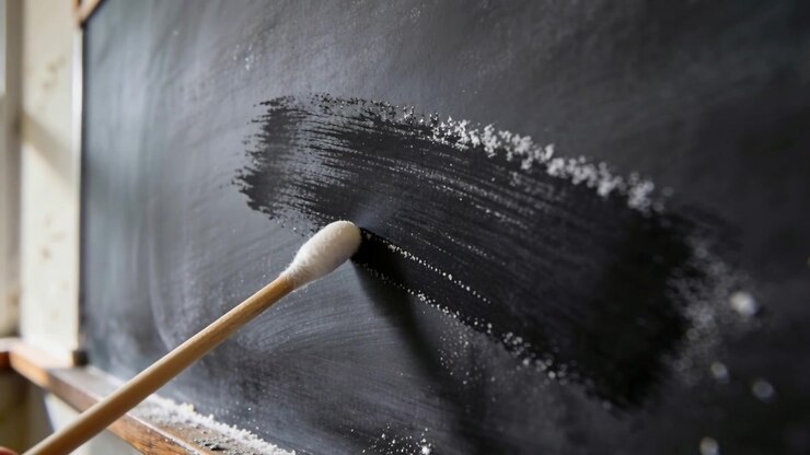 Cleaning cotton swab on stick touching dusty chalk smear, clearing chalk from blackboard at school