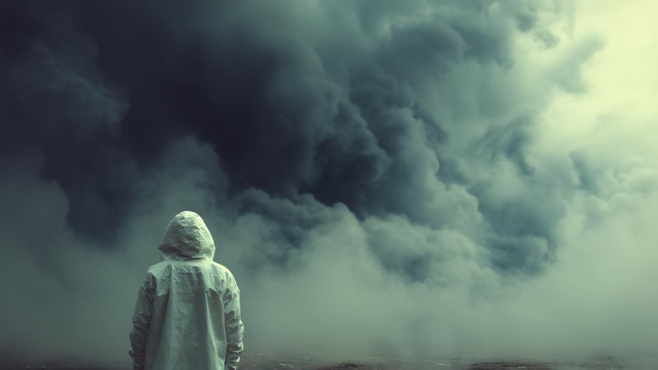 A lone figure stands before a dramatic, swirling mass of dark clouds and fog, evoking a sense of mystery and anticipation in the atmosphere around them