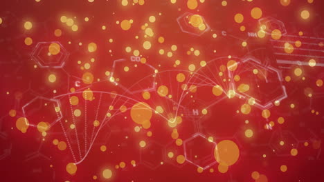 chemical structures and molecular bonds over red background with glowing particles