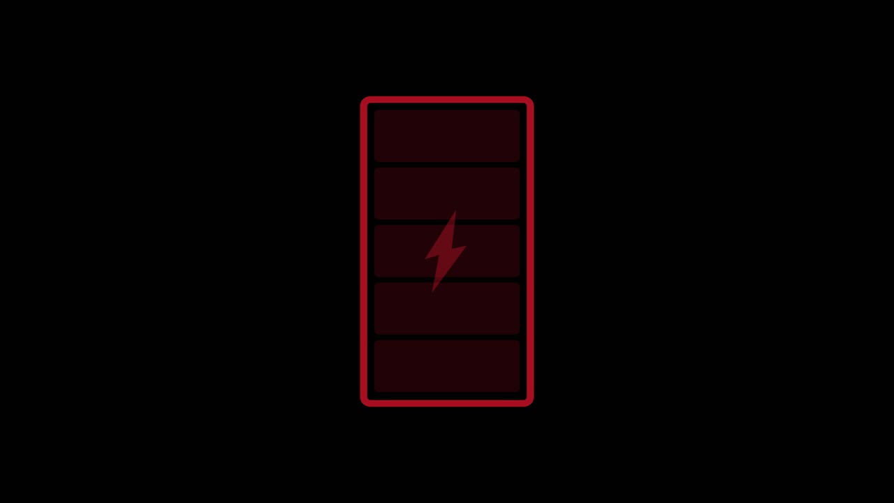 Loop animation showing an empty battery with a flickering lightning symbol, representing power failure or critical energy level