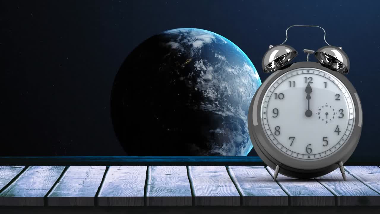 Animation of vintage alarm clock moving fast and ringing and globe spinning on blue background