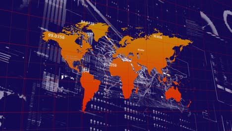 animation of world map over interface with data processing against blue background