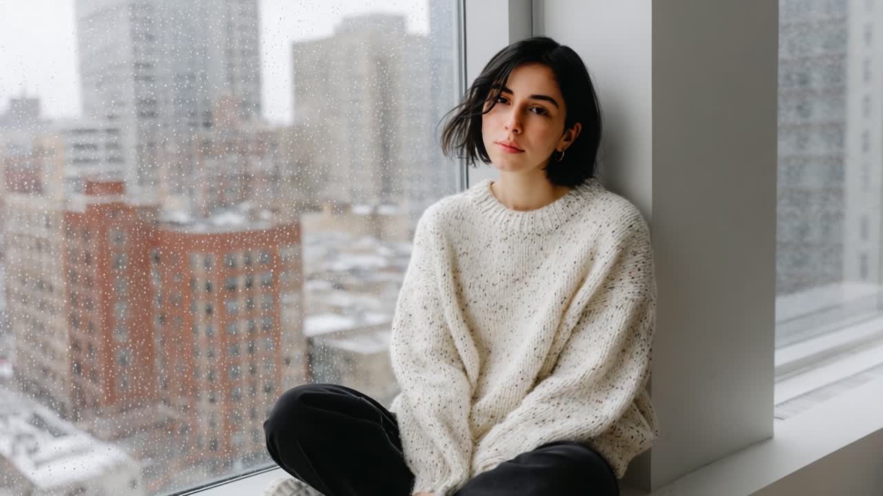 A contemplative moment by the window as raindrops cascade down the glass, capturing the tranquility of indoor solitude and urban reflection amidst a cozy sweater