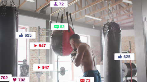 animation of multiple notification bars, african american boxer practicing punches on punching bag