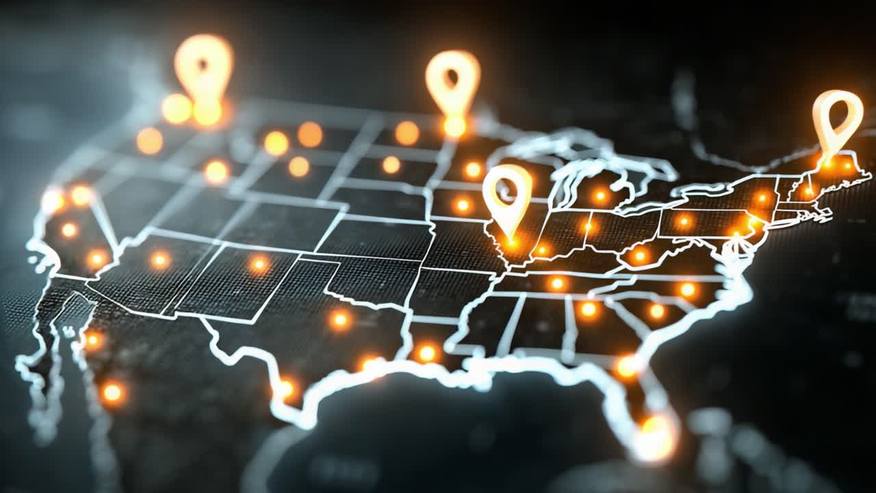 A Digital Map Highlighting Key Locations Across the United States with Dynamic Markers and Illuminated Connections Representing Data Flow