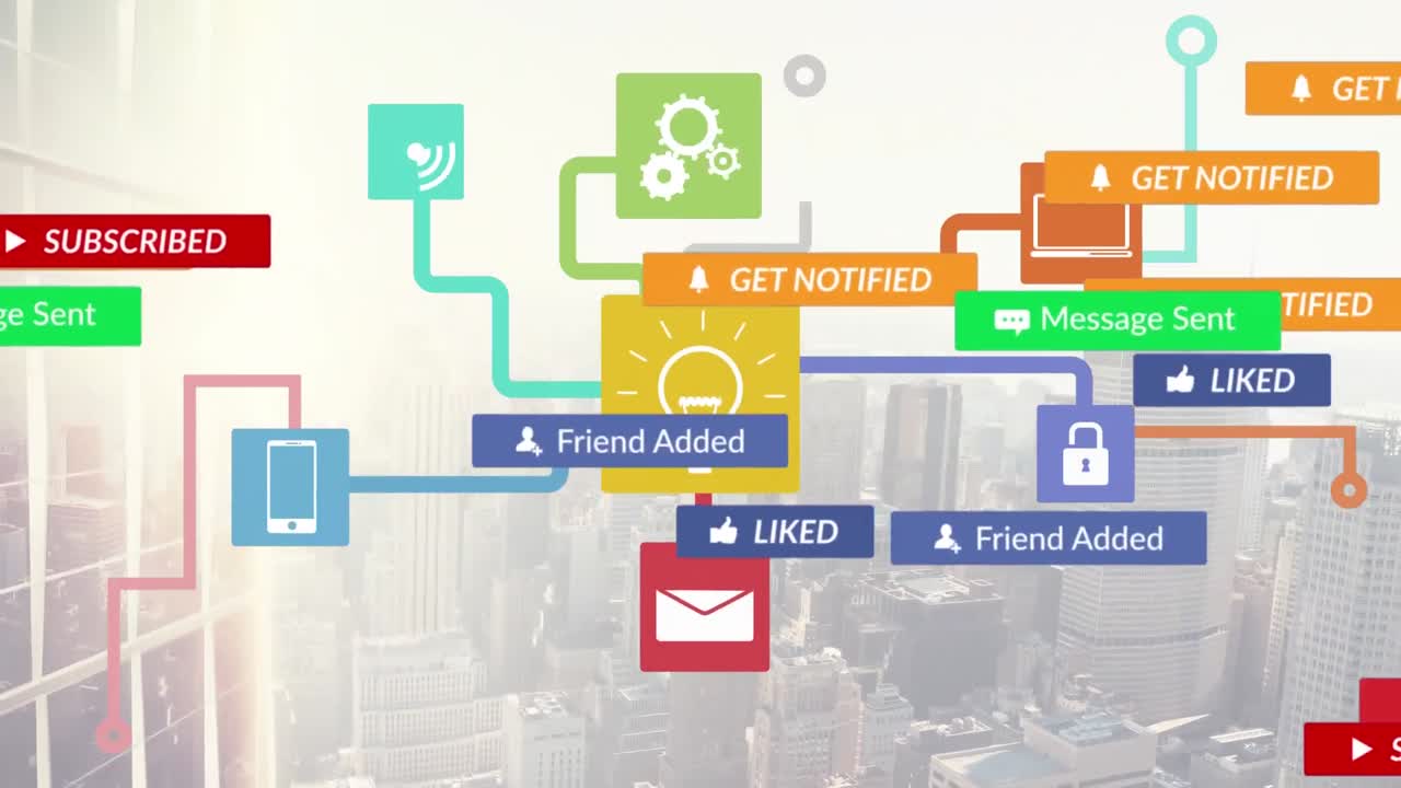 도시 풍경 위에 디지털 아이콘이 있는 배너에 있는 소셜 미디어 텍스트의 애니메이션