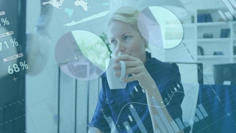 animation of statistical data processing against caucasian woman drinking coffee at office