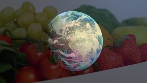 animation of globe over plate with fruits and veggies