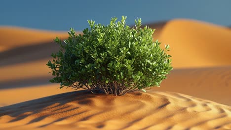 green shrub thriving in desert sands. a vibrant green shrub stands alone amidst golden sand dunes, showcasing resilience in a harsh desert environment.