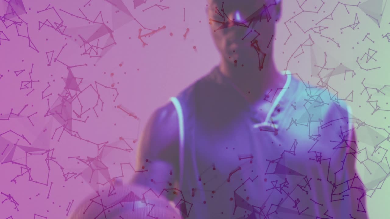 animación de redes de conexiones sobre el jugador de baloncesto afroamericano.