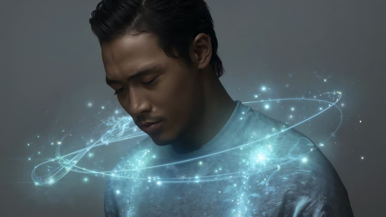 Pria Asia mengangkat, mengalihkan pandangan di studio saat titik-titik membentuk lingkaran teal di sekeliling kemeja, menambahkan gerakan
