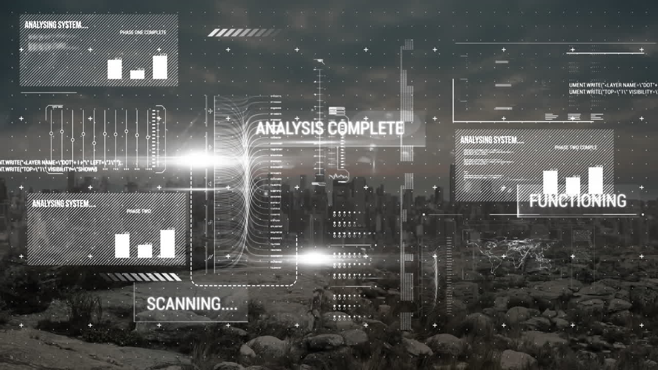 Animation of multiple graphs, text and computer language over modern cityscape against sky