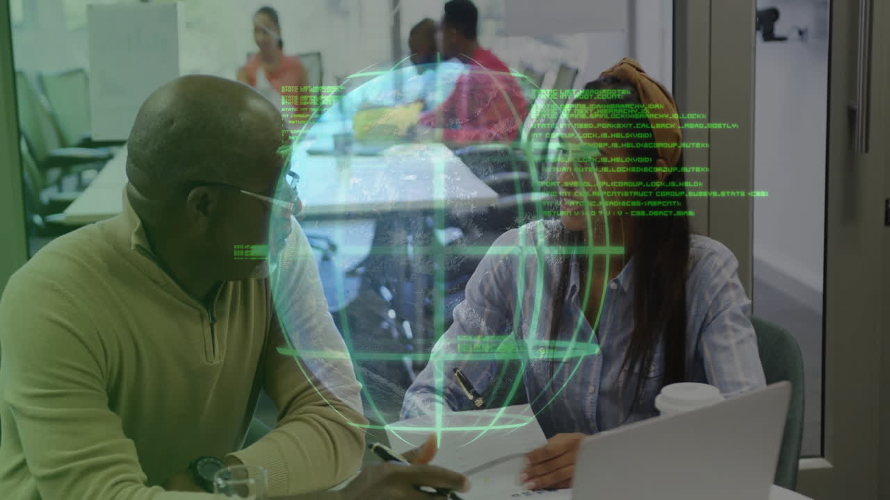 In office, colleagues discussing work with digital globe animation and data overlay