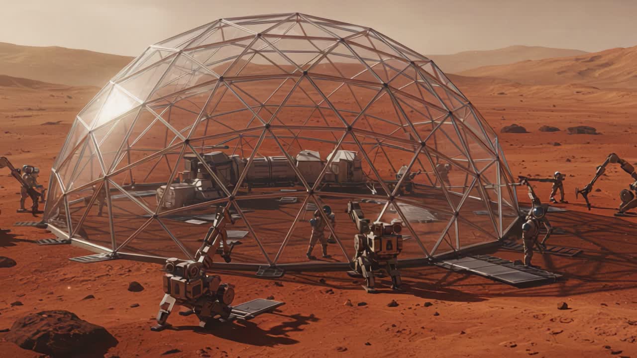 A Futuristic Mars Base: A Glimpse of Advanced Human Habitation Using Robotic Assistants on the Martian Surface to Establish a Sustainable Living Environment