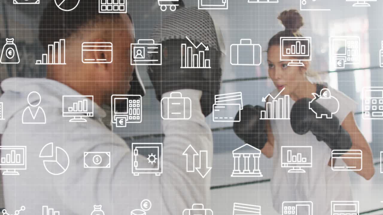 Trainer holding mitts cueing boxer throwing jabs training while moving pads, tech icons overlaying