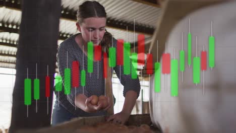 animation of financial data processing over caucasian woman collecting eggs