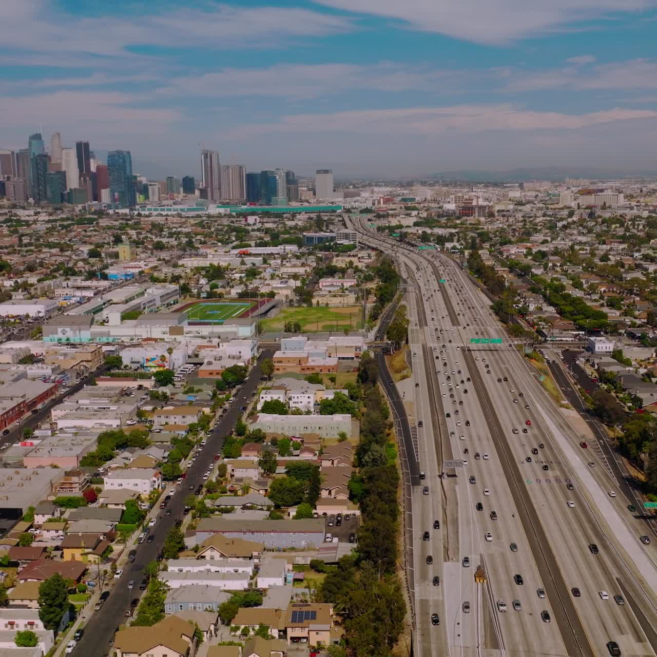 Drone view of american district. Los-Angeles city buildings aerial view