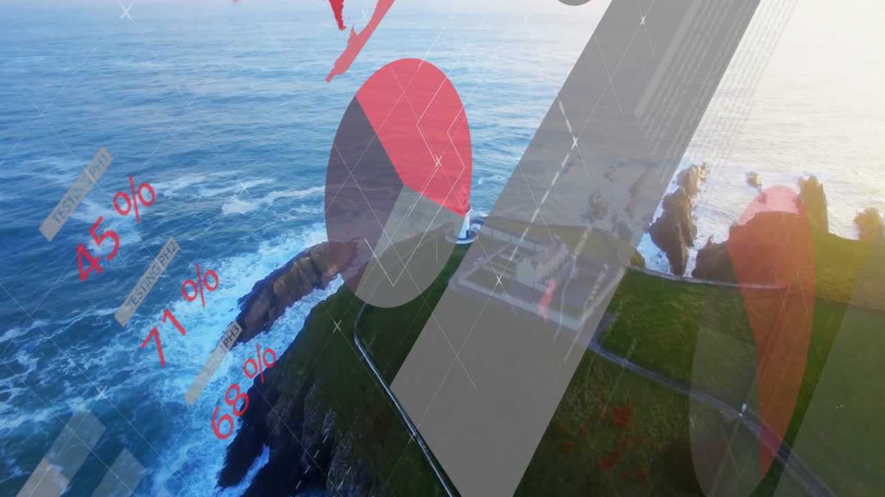 Red percentage symbols and charts animation over coastal landscape with lighthouse
