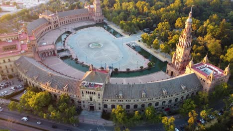 flying around plaza de espana at sunrise, seville, spain, uhd, 4k