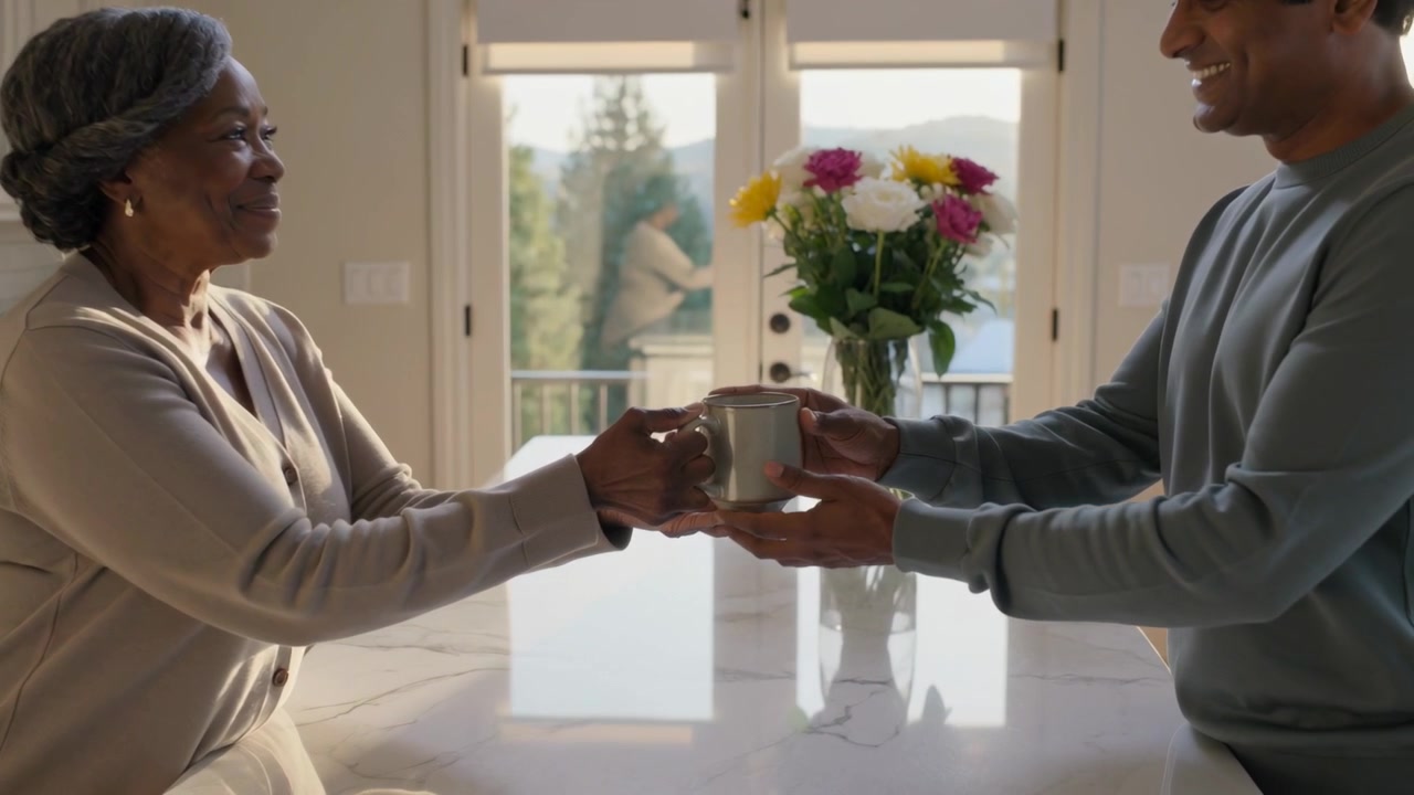 Offering mug senior woman in cardigan extending at marble island man in sweater reaching for coffee