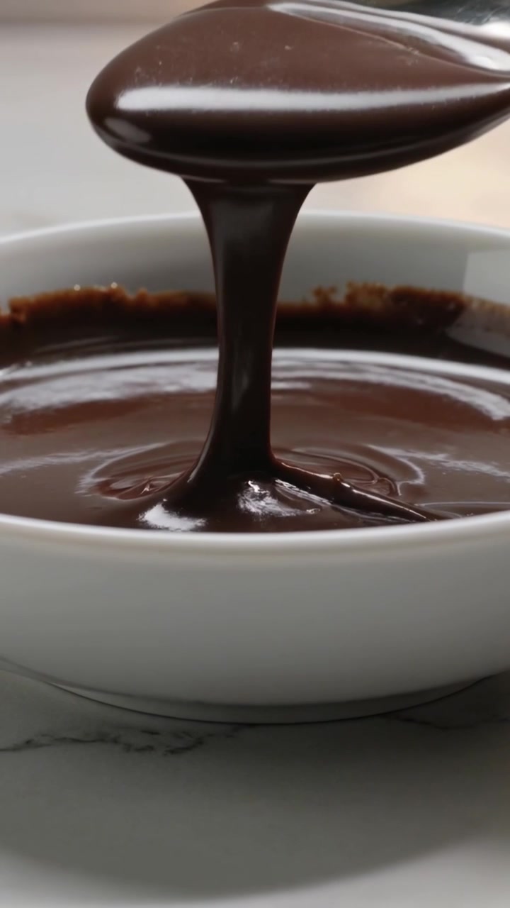 Video verticale: Cucchiaio che solleva, mano che preleva salsa lucida da una ciotola su un bancone di marmo, mostrando il flusso.