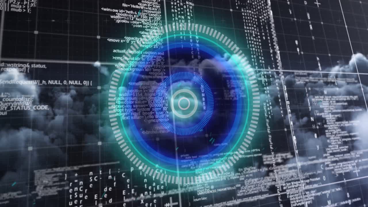 animación del escaneo del alcance y el procesamiento de datos sobre nubes y cuadrícula en segundo plano