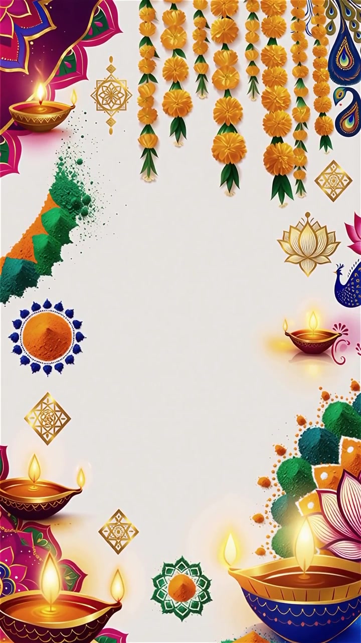 Sfondo Diwali con Diyas luminosi, Rangoli e fiori di loto
