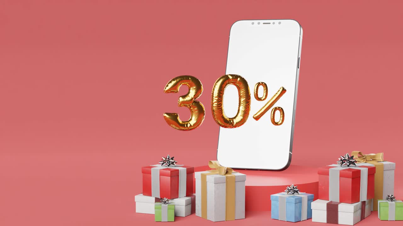teléfono inteligente que muestra un 30 % dorado junto a cajas de regalos variadas sobre fondo rojo