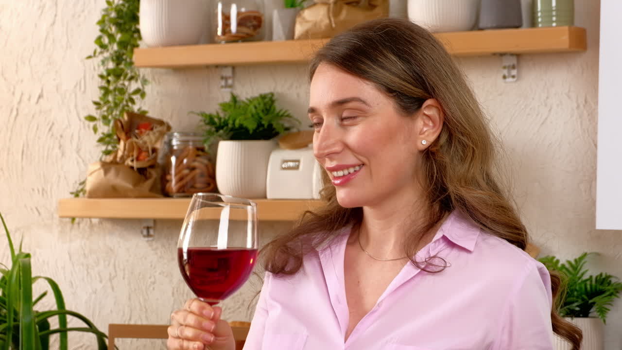 Woman savouring a glass of red wine in the kitchen, in daylight