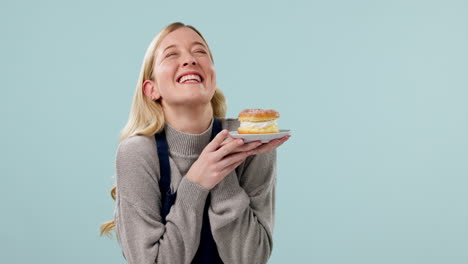 Waitress,-excited-and-woman-with-high-tea-dessert