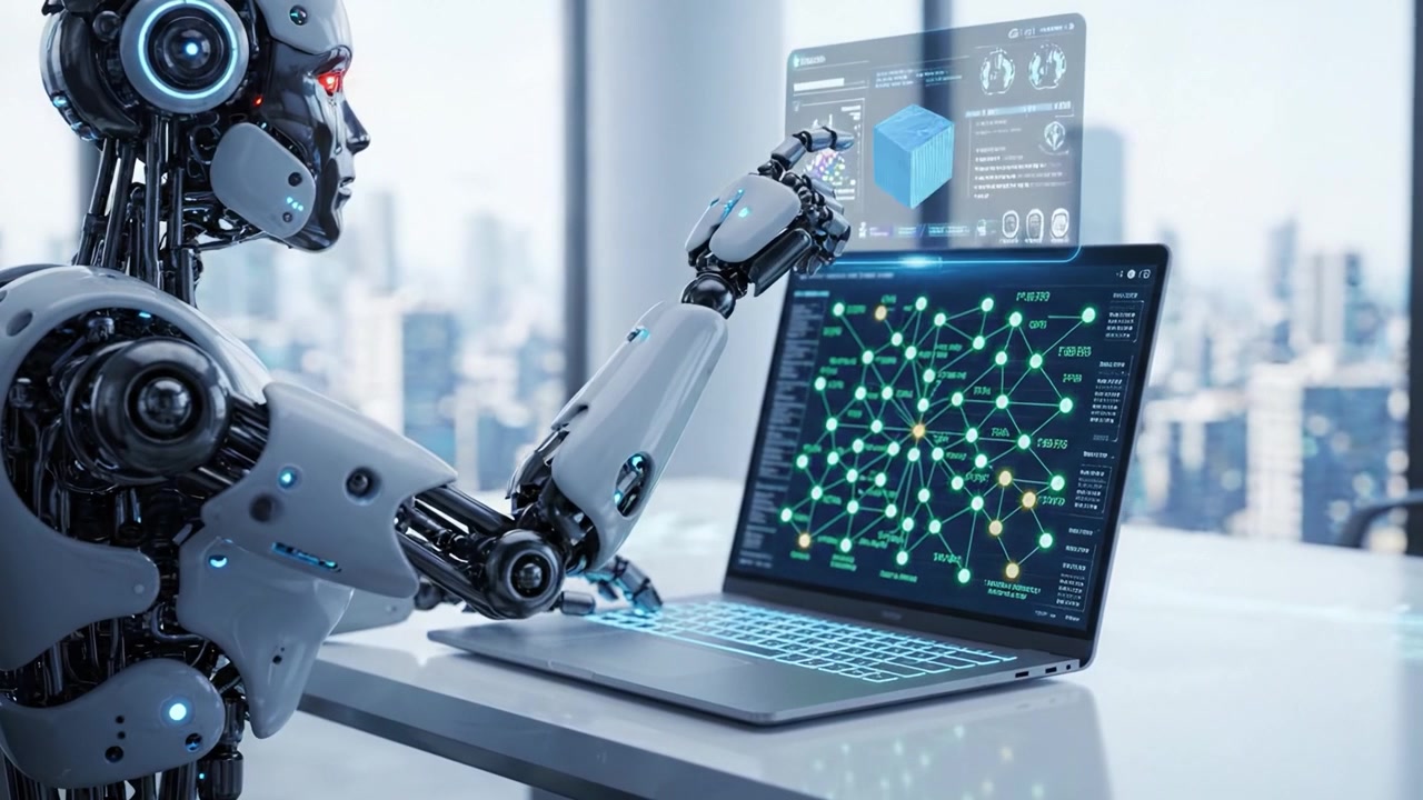 Futuristic Robot Analyzing Data on a High-Tech Laptop with Advanced Graphics in a Dynamic Cityscape Environment