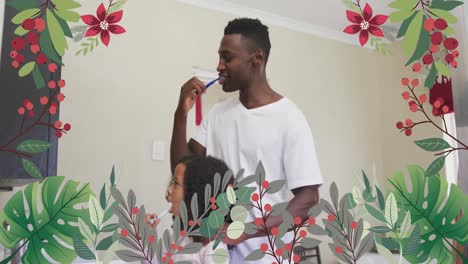 animación de flores y hojas sobre padre y hija afroamericanos cepillándose los dientes