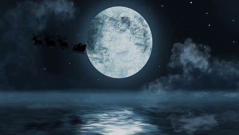 silhouette of santa claus in sleigh being pulled by reindeers against moon