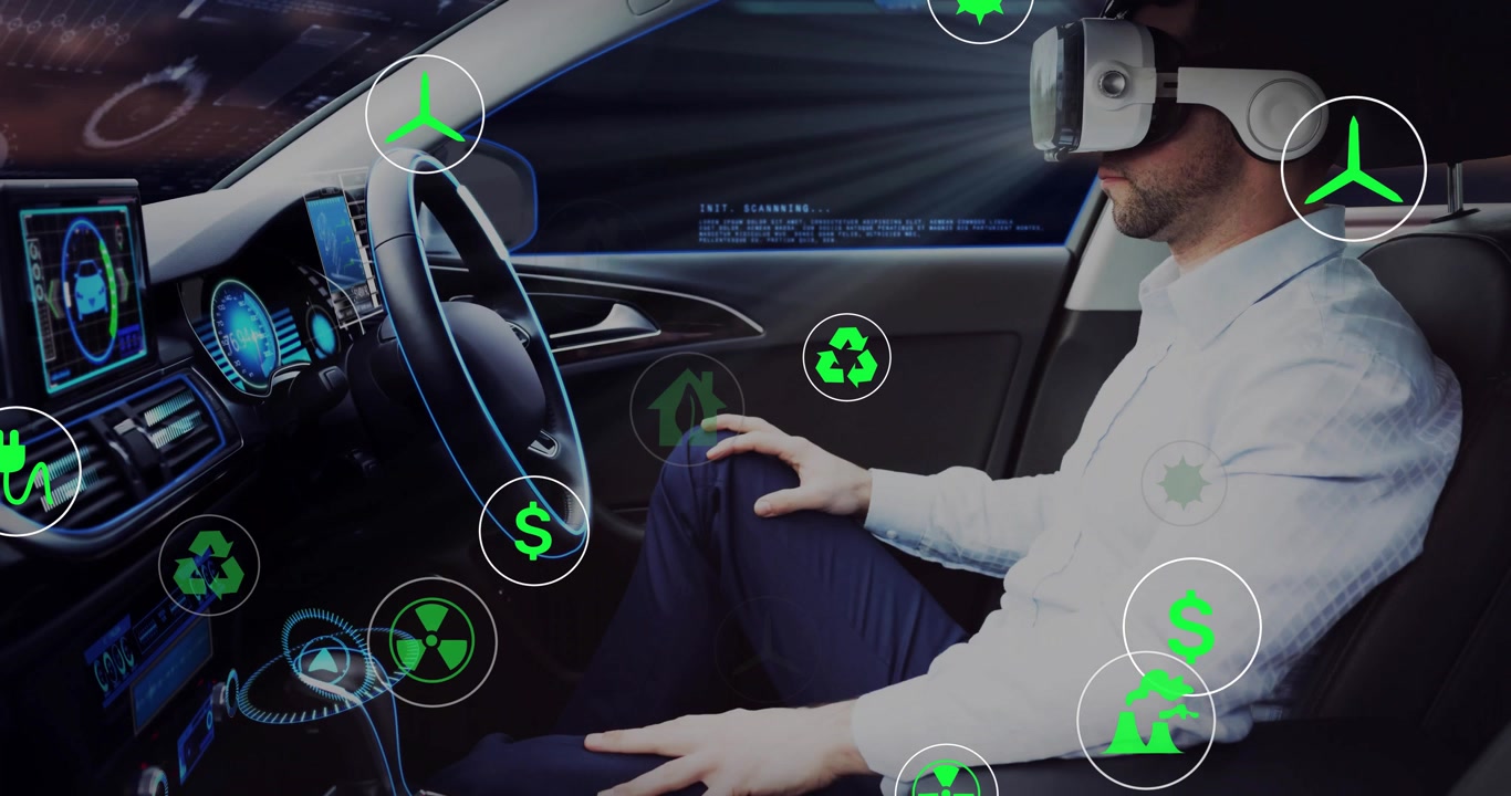Uomo di mezza età che guida l'auto usando un visore VR
