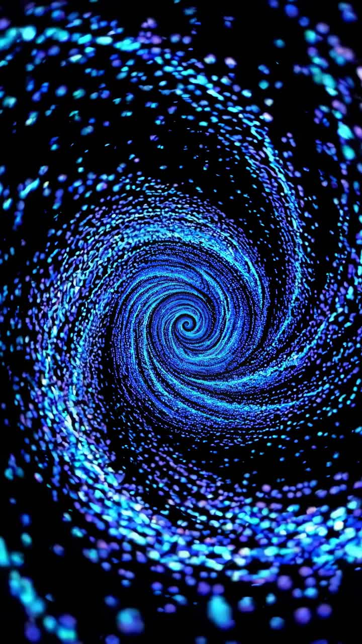 Concetto di galassia a spirale con particelle blu luminose, catturato da un angolo dall'alto