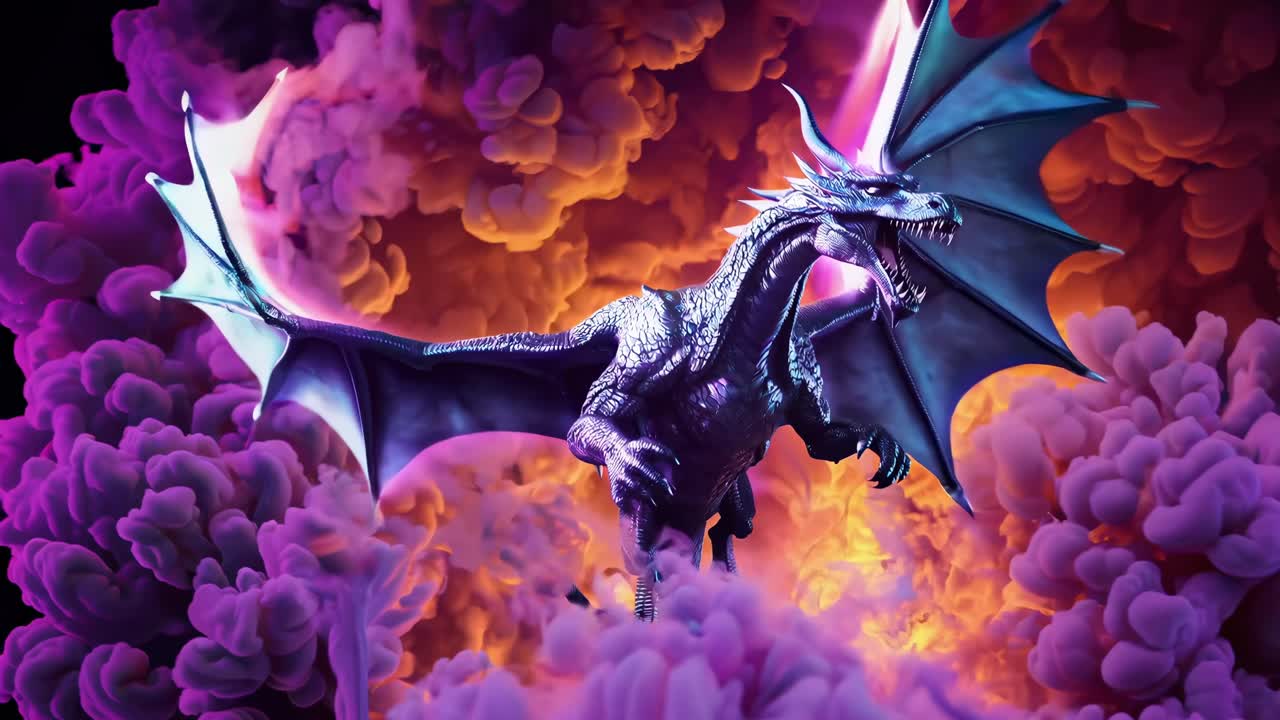 Mythical dragon soaring through swirling, luminous smoke, spreading expansive wings against dramatic fiery background radiating epic fantasy essence