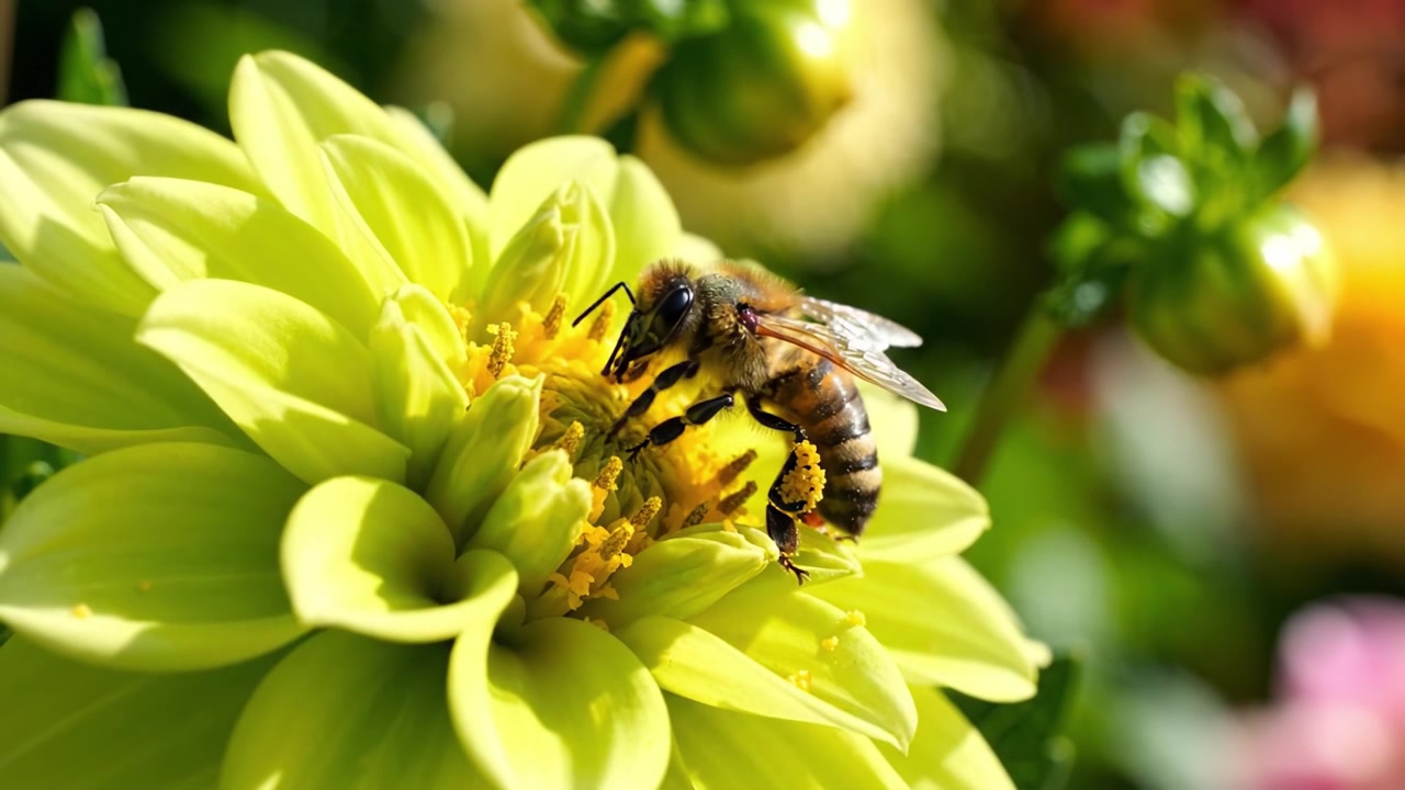 A Close-Up View of a Busy Bee Pollinating a Beautiful Yellow Flower, Capturing the Essence of Nature's Cooperation in Springtime Bloom