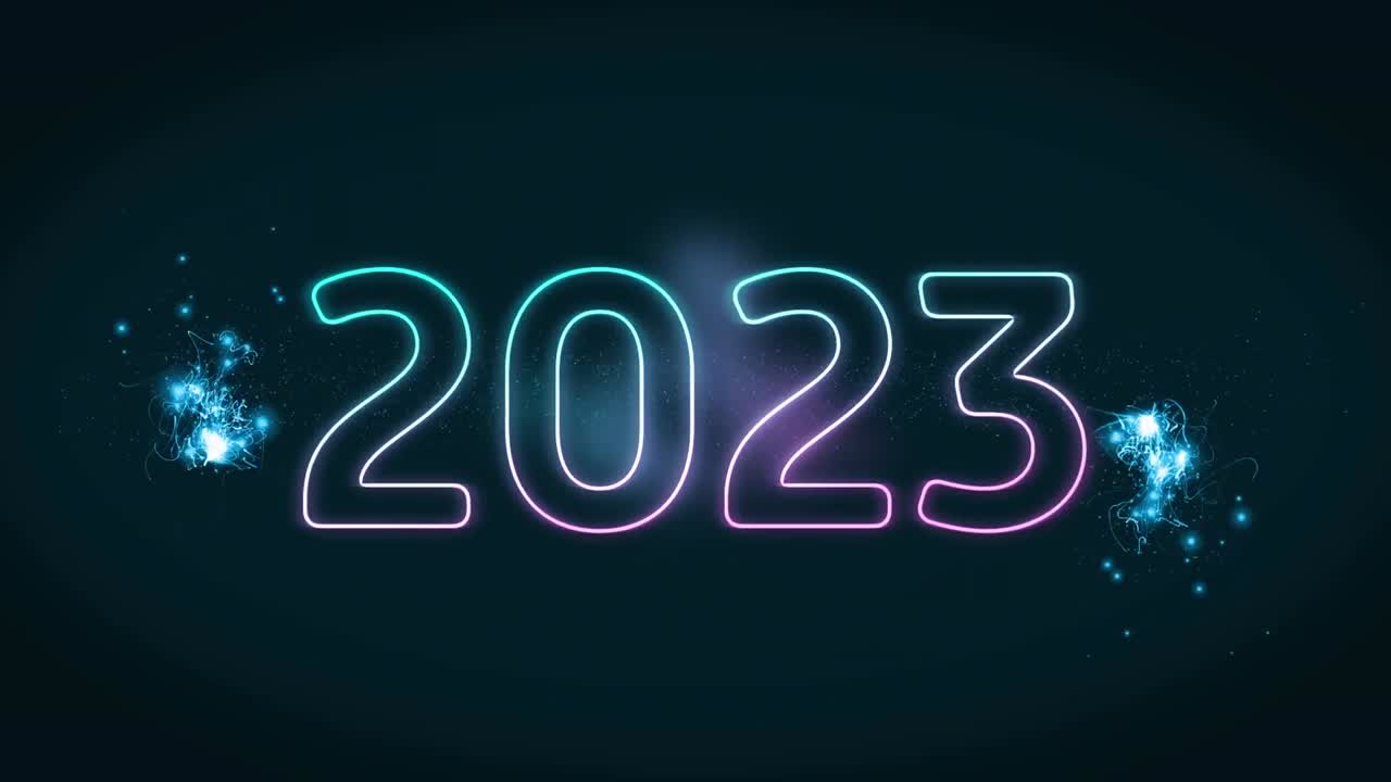 Animation of 2023 neon text over fireworks