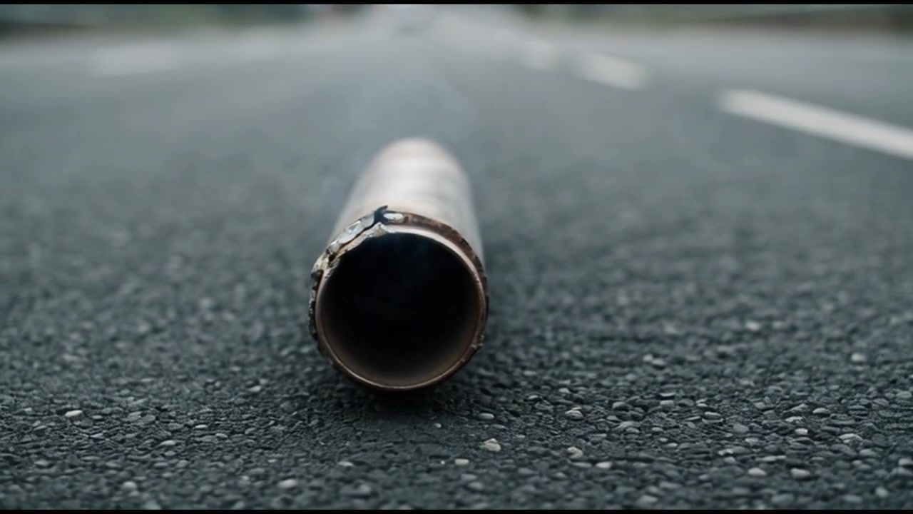 Damaged Car Exhaust Pipe Lying on Asphalt Road