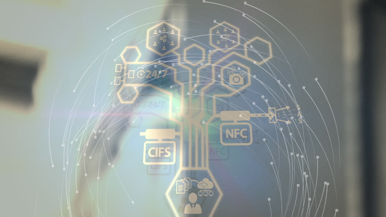 흐릿한 배경 위에 디지털 아이콘으로 연결 네트워크의 애니메이션