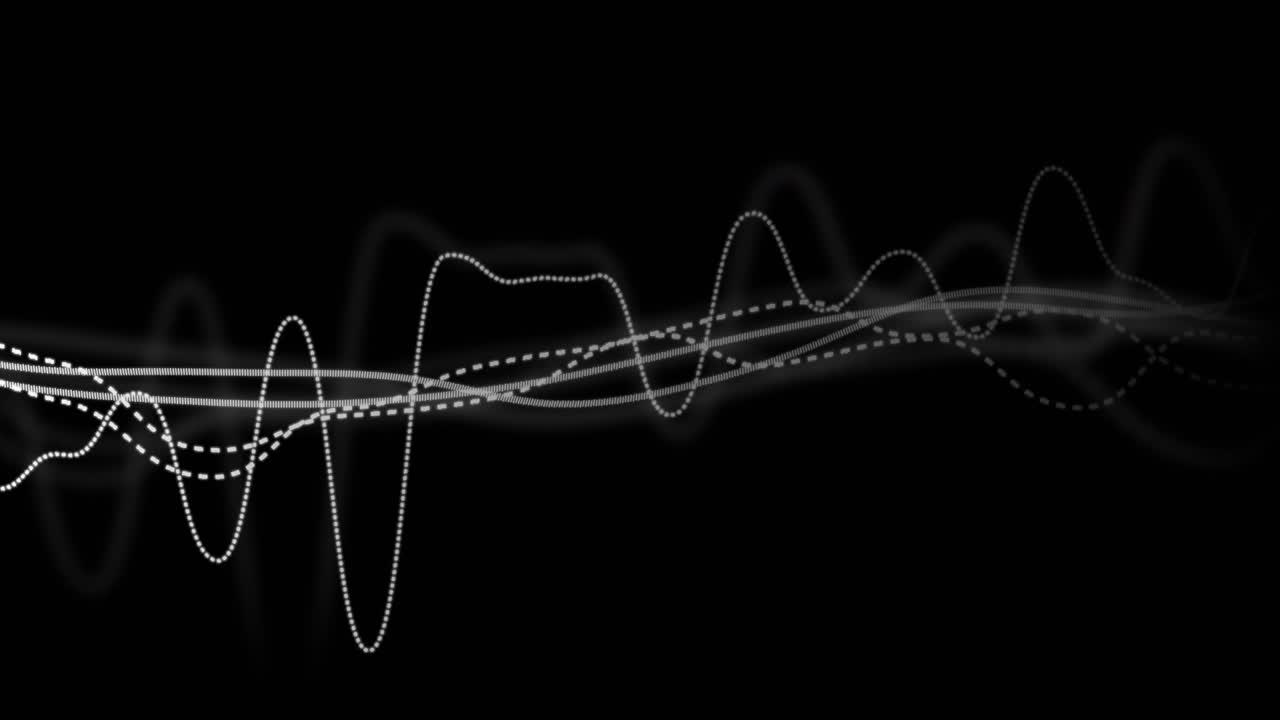 Grayscale waveforms drifting initiating neon rods fading, pulsing 3D cyan tunnel for showing rhythm