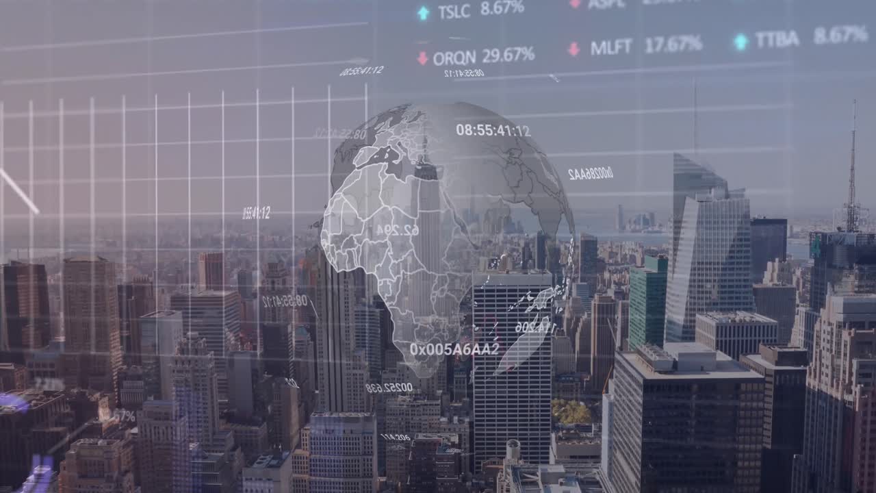 animación de globo giratorio, estadístico, procesamiento de datos del mercado de valores sobre una vista aérea del paisaje urbano