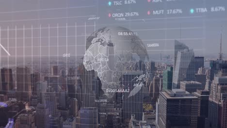 Animation-of-spinning-globe,-statistical,-stock-market-data-processing-over-aerial-view-of-cityscape