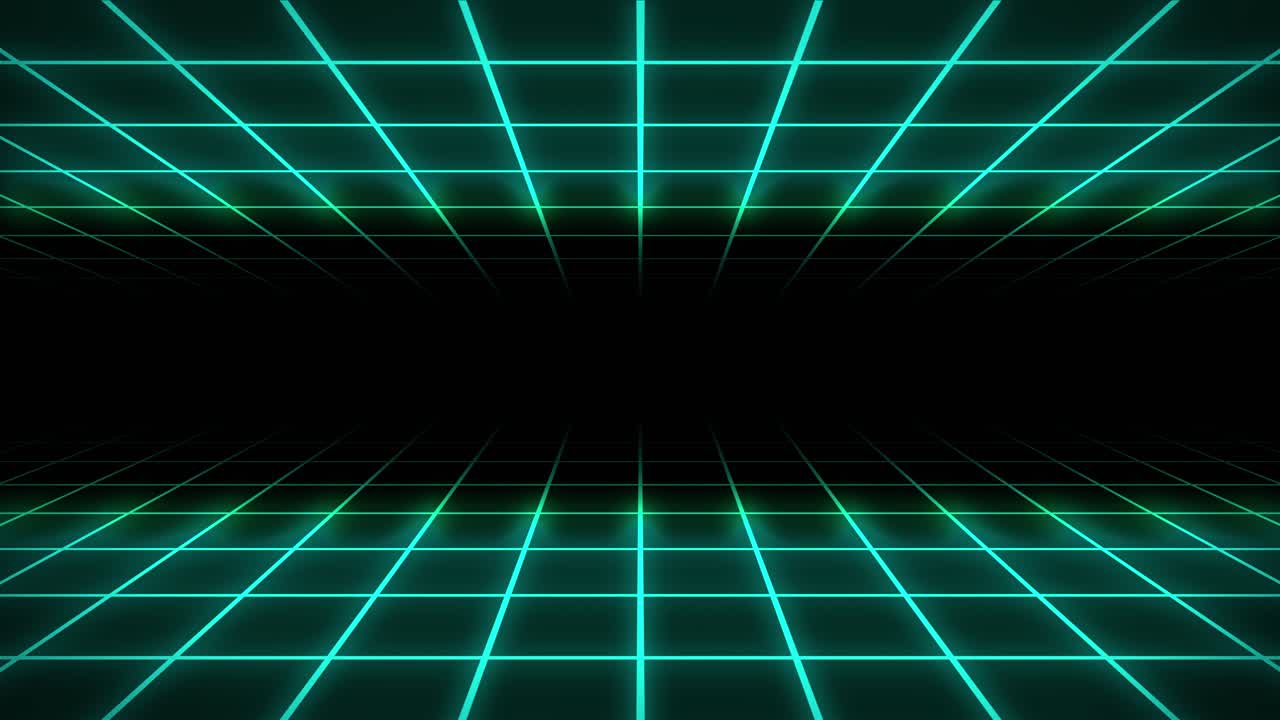 Neon grid 3D animation tunnel portal lighting glowing bright lines background seamless loop illusion space background shapes visual effect colour aqua teal