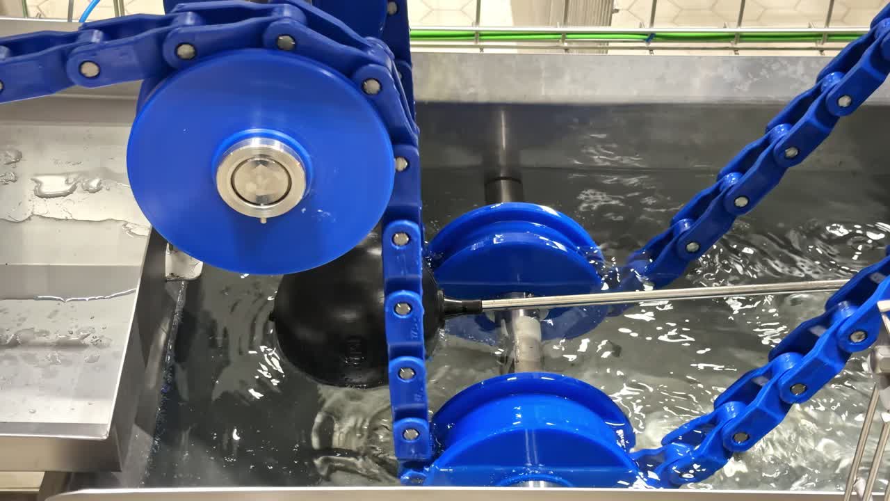 Blue machinery parts rotate in water for cleaning process