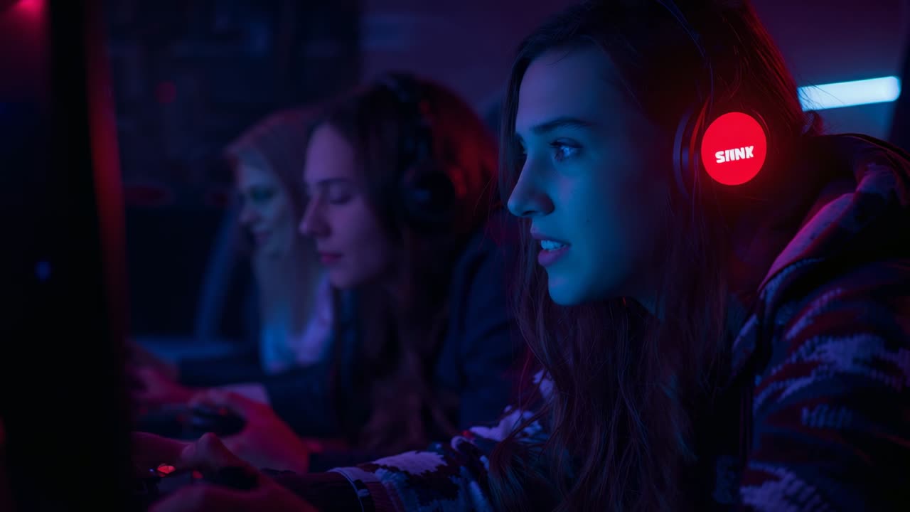 Donning glowing red headsets three gamers inputting and communicating in esports studio, copy space