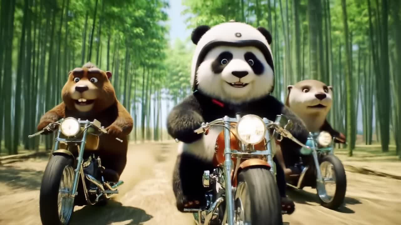 Three Animated Animals Riding Motorcycles Through a Lush Bamboo Forest, Embodying Adventure and Friendship in Their Joyful Journey