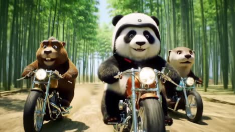 three animated animals riding motorcycles through a lush bamboo forest, embodying adventure and friendship in their joyful journey